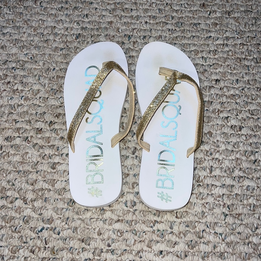 # BRIDAL SQUAD gold and white bridesmaid wedding sandals. Worn once. Size 8